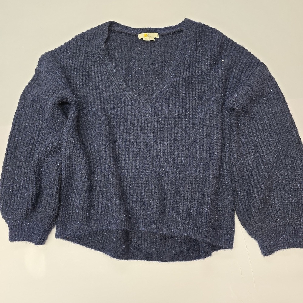 Boden Womens Navy Blue Metallic Ribbed V-Neck Alpaca Wool Blend Sweater US 4‎